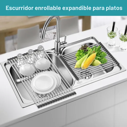 Vista 4 de BBXTYLY Estante Extra Expandible Enrollable para Secar Platos, Cubierta de Fregadero sobre el Lavabo, Accesorios de Cocina, Escurridor Enrollable