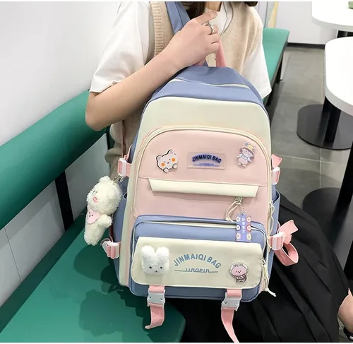 Vista 8 de Juego de 5 mochilas kawaii con colgante de oso y alfileres, suministros de regreso a clases, kit de bolsa de conejito de retazos (azul), Azul