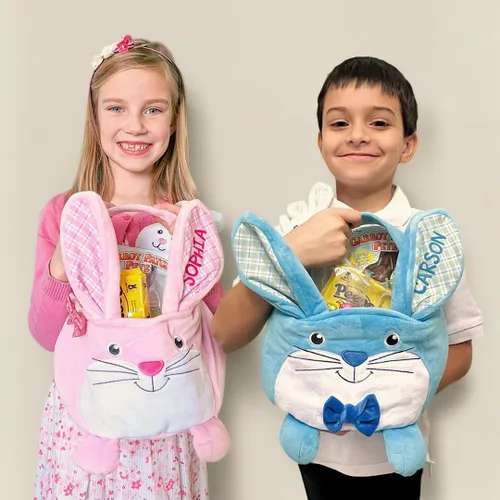 Vista 7 de Let's Make Memories - Canasta de Pascua personalizada con amigos peludos, canasta para niños, diseño de conejito de Pascua azul, solo incluye