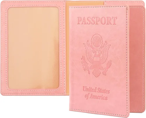 Vista 13 de Funda de cuero para pasaporte - Cartera de pasaporte de viaje para mujeres y hombres, artículos esenciales para el aeropuerto con protector, Negro