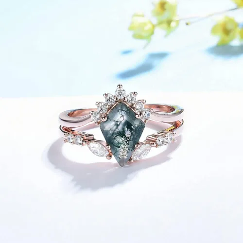 Vista 2 de Anillo de plata de ley 925 con piedra preciosa de musgo natural para mujer, corte de cometa, juego de anillos de compromiso de plata 925, Plata