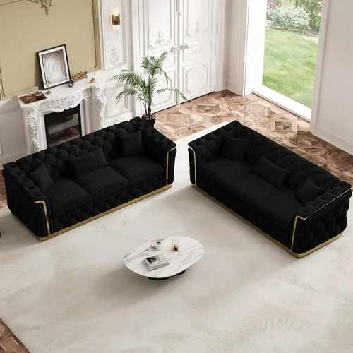 Vista 25 de Sofá Chesterfield de terciopelo de 62.5 pulgadas con respaldo copetudo y detalles dorados, beige Blanco