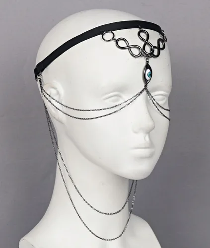 Vista 6 de L'VOW Diadema con borlas de metal, velo Cyborg, máscara de cadena facial para fiesta de rock, traje de rave, joyería para mujeres y hombres