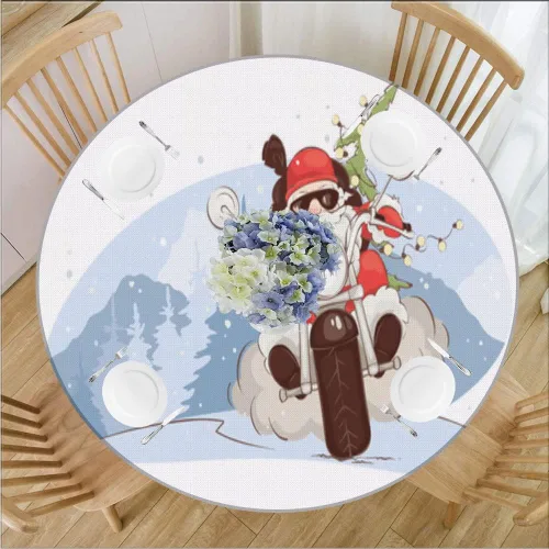 Vista 9 de Mantel redondo de Navidad, impermeable y borrable con borde elástico, jamón de cerdo asado servido con papas horneadas, se adapta a mesa redonda