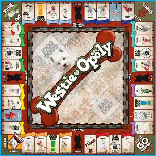 Vista 4 de Late for The Sky Westie-opoly Dog Lovers - Juego de mesa de estrategia familiar West Highland Terrier, a partir de 8 años, 2 a 6 jugadores