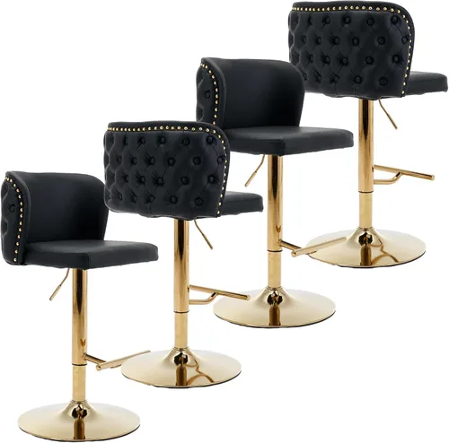 Vista 24 de Taburetes de bar tapizados de poliuretano con base dorada, taburetes de bar ajustables de 25-33 pulgadas, taburetes de mostrador con respaldo Beige