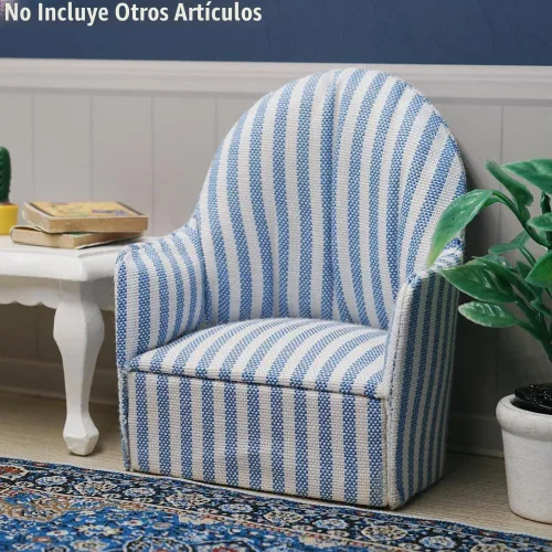 Vista 2 de Odoria 1/12 Silla en miniatura Sillón Casa de muñecas Muebles Accesorios, Rayas Azul y Blanca
