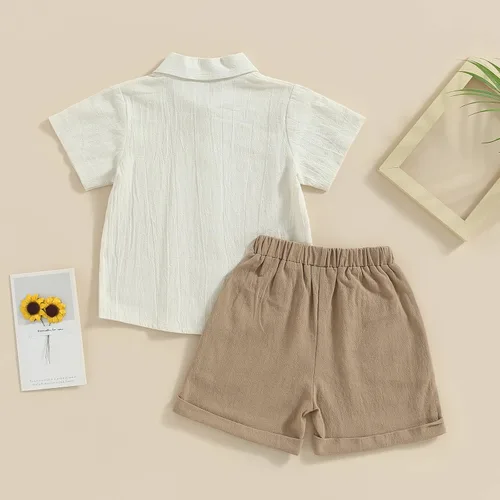Vista 3 de Conjunto de 2 piezas de ropa de algodón y lino de manga corta con botones y pantalones cortos de cintura elástica para bebé niño