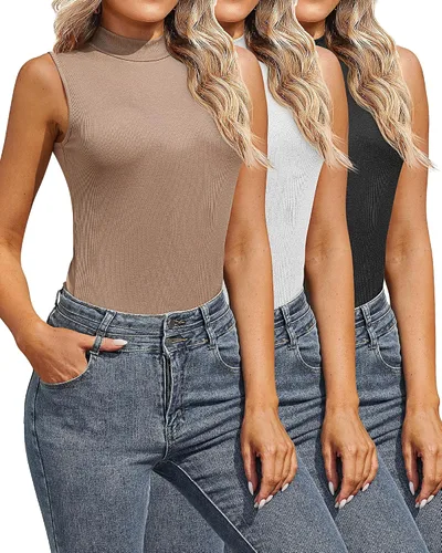 Vista 2 de 3 piezas de camisas sin mangas de cuello alto falso para mujer, camisetas elásticas ajustadas, básicas, ligeras, para capas