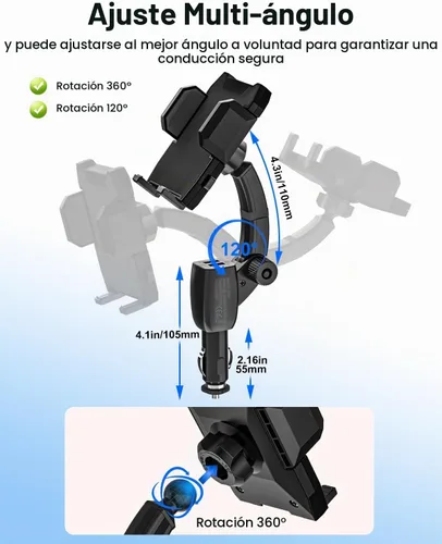 Vista 3 de Cargador de teléfono para encendedor de cigarrillos [carga rápida USB dual] Soporte de teléfono con brazo ajustable, cargador de teléfono
