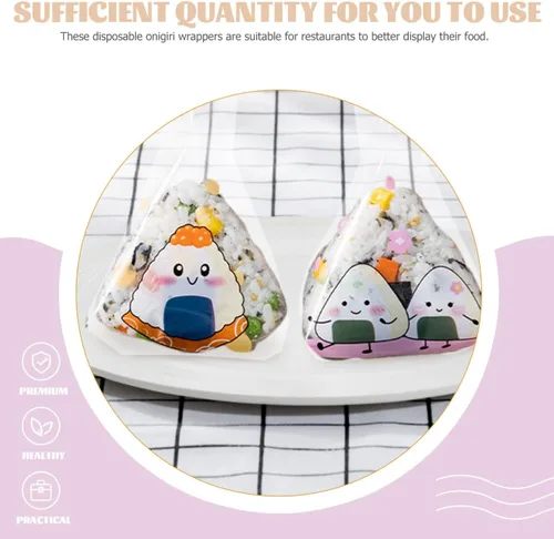 Vista 3 de iplusmile 100 bolsas de embalaje de bolas de arroz desechables con patrones creativos para loncheras y restaurantes de sushi, 7.48 x 5.90 pulgadas
