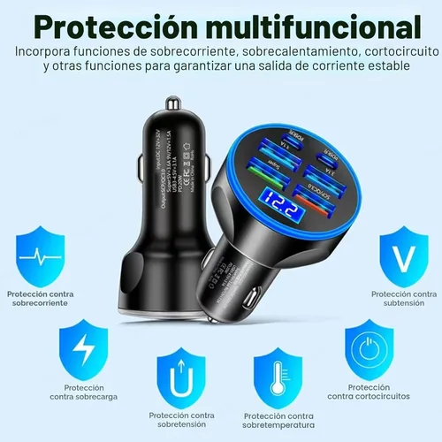 Vista 8 de Adaptador De Carga Súper Rápida USB C Para Coche Y Teléfono 6 En 1 Con Pantalla De Voltaje 250W Carga USB De Encendedor De Cigarrillos De Múltiples