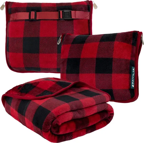 Vista 10 de PAVILIA Almohada Manta de Viaje, Manta Suave de Avión Conjunto Combo 2 en 1, Manta de Avión Compacta Empacable, Esenciales de Vuelo Almohada de Negro