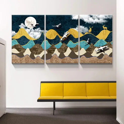 Vista 5 de Denozer 3 paneles de lienzo abstracto de estilo nórdico, arte de pared, paisaje de montaña, impresiones artísticas de luna y noche, póster