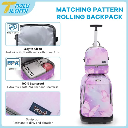 Vista 87 de NEW TILAMI Mochila con ruedas de 19 pulgadas con bolsa de almuerzo para niñas y niños, mochila para laptop con ruedas, bolsa de mano duradera