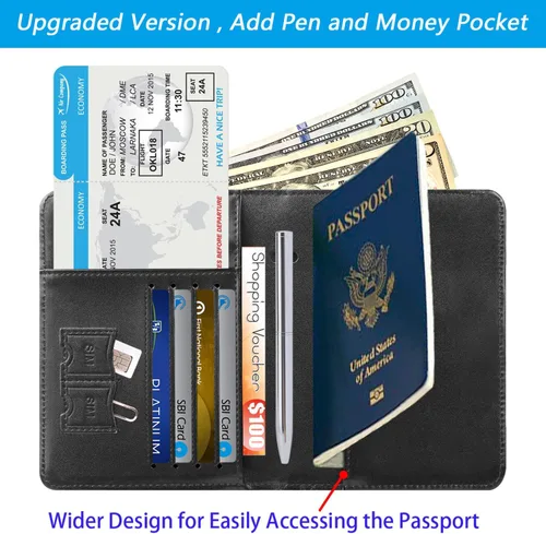 Vista 2 de Funda para pasaporte, cartera, artículos esenciales de viaje, con bloqueo RFID, funda de piel para tarjetas, accesorios de viaje imprescindibles