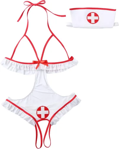 Vista 6 de Sxiwei Conjunto de lencería de cosplay para mujer, ropa de dormir para enfermera, juego de rol, body de peluche