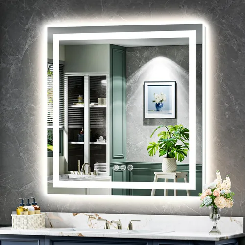 Vista 27 de Espejo de baño LED de 24x30 pulgadas con luces, espejo de tocador frontal y retroiluminado para pared de baño con 3 colores, regulable