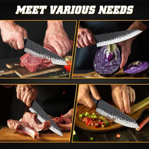 Vista 7 de Huusk Cuchillo de chef japonés de 8 pulgadas, cuchillos de cocina forjados a mano con mango ergonómico de espiga completa, cuchillo de cocina