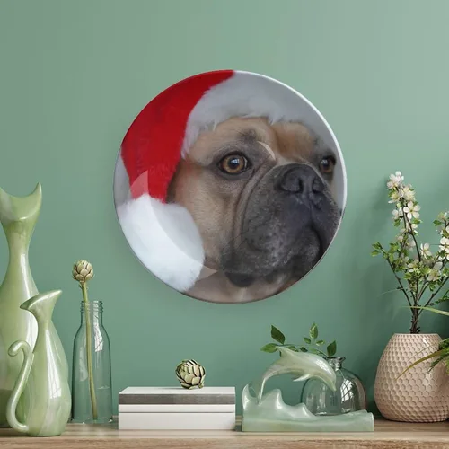 Vista 5 de Platos decorativos de Navidad para exhibición, Bulldog con sombrero de Papá Noel, divertidos platos de pared de cerámica de animales, platos