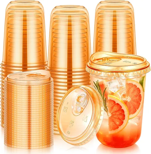Vista 10 de KesaPlan - Paquete de 50 vasos de plástico de fondo redondo azul de 12 onzas con tapas para sorber