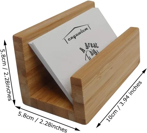 Vista 2 de Paquete de 1 soporte de madera de bambú para tarjetas de visita de escritorio para escritorio, soporte de exhibición de tarjetas de visita