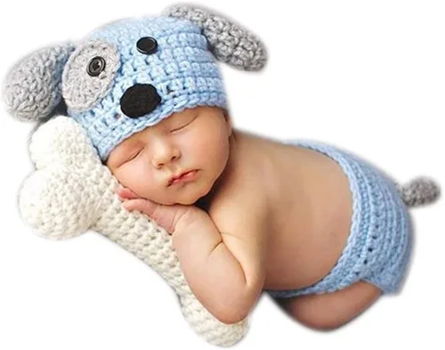 Vista 4 de Traje de bebé recién nacido, accesorios para fotos, trajes de ganchillo de punto azul con gorro de perro, pantalones cortos con hueso para niños