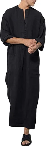 Vista 2 de YAOHUOLE Men's Kaftan Thobe Long Sleeve Muslim Robe Button Up Side Split Kaftan Thobe with Pockets