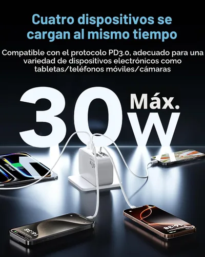 Vista 4 de Cargador de pared retráctil USB C 4 en 1, carga rápida de 40 W para Blanco