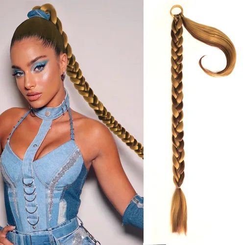 Vista 20 de Extensiones de cola de caballo trenzada de 20 pulgadas de largo para mujer, extensiones de cabello lacio envolvente con banda para el cabello, cola