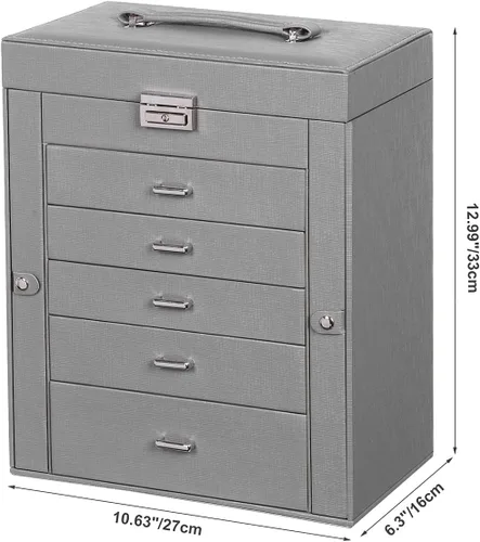 Vista 6 de ANWBROAD Caja de joyería grande de 6 niveles organizador de joyas con cerradura de espejo caja de joyería para niñas aretes anillos collares