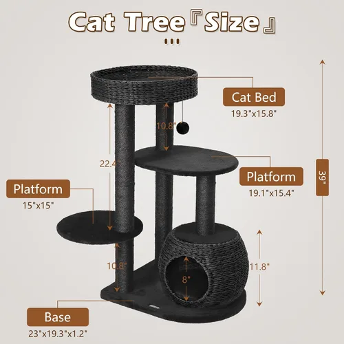 Vista 7 de KAMABOKO Árbol moderno para gatos, 39 pulgadas de alto para gatos de interior, condominio natural con postes rascadores, torre tejida a mano