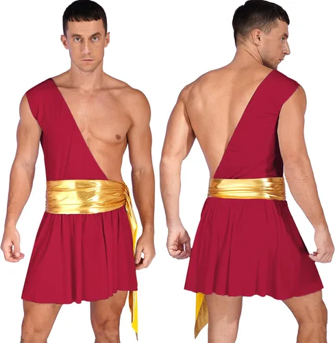 Vista 6 de YiZYiF Uniforme de gladiador para hombre, juego de rol, sexy, a cuadros, de un hombro, caballero guerrero, falda con tirantes