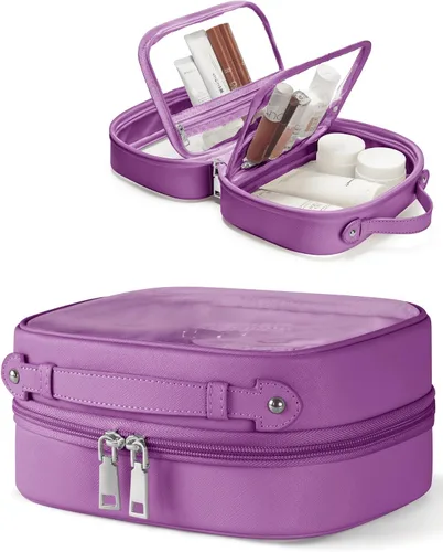 Vista 9 de Bolsa de Cosméticos Transparente de Doble Capa Bolsa de Artículos de Tocador de Viaje Estuche de Maquillaje Transparente con 4 Compartimentos, Bolsa