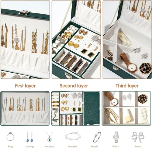 Vista 3 de BUTI4WLD Joyero, organizador de joyería de 2 capas con estuche de joyería de viaje, organizador de cuero sintético para aretes, anillos, collares