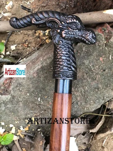 Vista 4 de Mango de madera con acabado de cobre con cabeza de dragón, bastón hecho a mano, el mejor regalo para Navidad, Año Nuevo