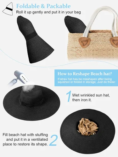 Vista 3 de Sombreros de sol para mujer, de gran tamaño, de ala ancha, sombrero de playa, con protección UV, plegable, enrollable, para viajes, vacaciones
