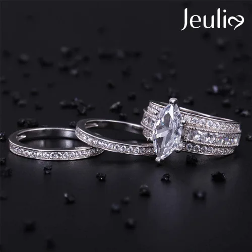 Vista 3 de Jeulia Juego de anillos de boda de 2 quilates de 3 piezas para mujer, anillos de compromiso de circonita cúbica de corte marquesa de plata de ley