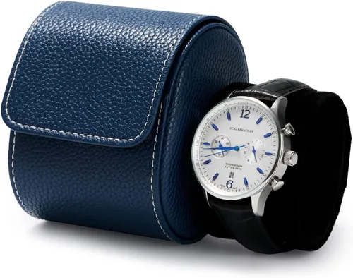 Vista 2 de Oirlv Caja de reloj de viaje de cuero de lujo caja de reloj individual para hombres y mujeres portátil joyería reloj organizador de rollo (azul)