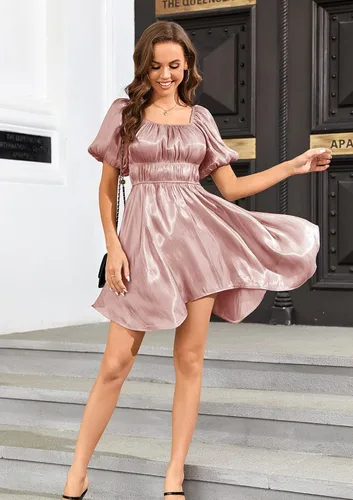 Vista 4 de Bigyonger Vestidos de verano para mujer, manga abombada, cuello cuadrado, hombros descubiertos, fluidos, escalonados, estilo bohemio, casual, mini