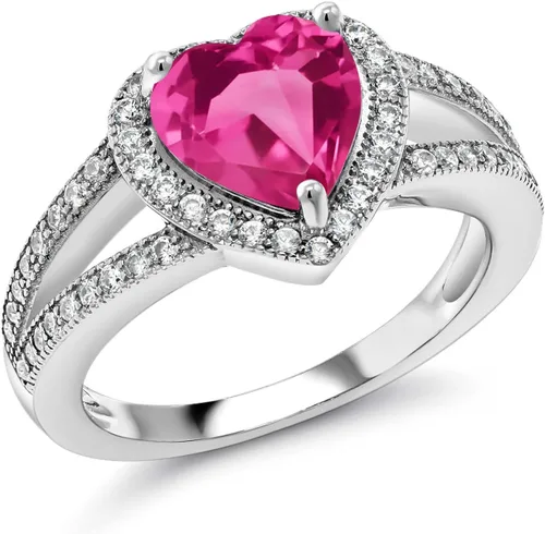 Vista 8 de Gem Stone King Anillo de halo de moissanita blanca y piedra natal de corazón de 0.315 in para mujer, plata de ley 925, joyería para aniversario
