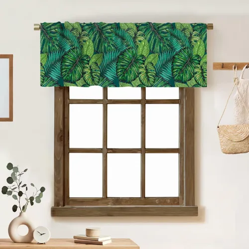Vista 19 de Cortina de cenefa de hojas verdes tropicales, diseño de hojas de palmera, cenefa con bolsillo para barra, 1 panel, cortinas cortas para cocina