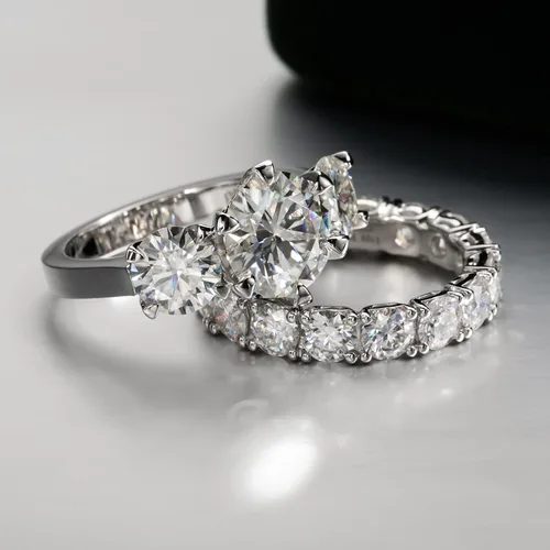 Vista 8 de Juego de anillos de moissanita para mujeres y hombres, 3 quilates, 3 piedras, moissanita, compromiso, aniversario, anillo central de 2 quilates