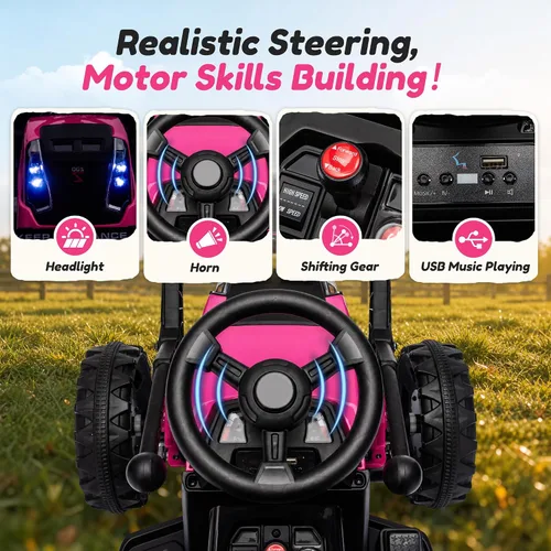 Vista 11 de Tractor de paseo 4 en 1 de 24 V con cargador frontal desmontable Rosa Blaze