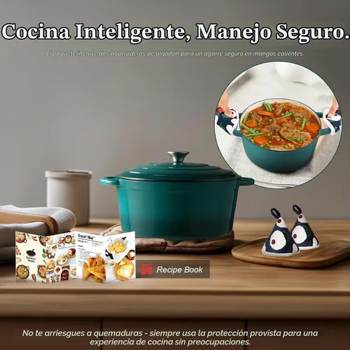 Vista 6 de Overmont - Horno holandés de hierro fundido esmaltado, de 4.5 QT, con tapa, libro de cocina (idioma español no garantizado) y agarraderas de verde