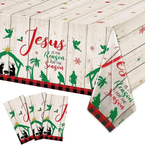 Vista 8 de WovWeave Mantel de Navidad de 3 piezas, mantel de Navidad con texto en inglés "Merry Christmas", mantel rectangular de plástico con diseño de Jesús