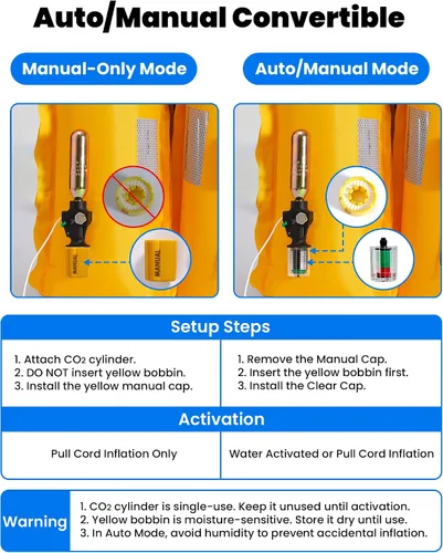 Vista 4 de Owntop Chaqueta de natación inflable para adultos, convertible automática/manual, cuello de neopreno, bolsillos grandes con solapa y trabillas