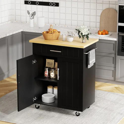 Vista 8 de JY QAQA Isla de cocina de 26 pulgadas con ruedas con armario de almacenamiento, armario de cocina con estantes, asa de carrito para toallero