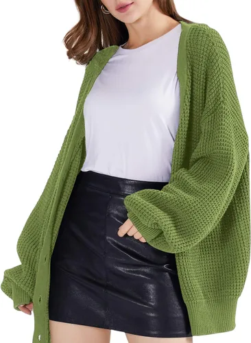 Vista 4 de QUALFORT - Suéter tipo cárdigan de punto para mujer, 100% algodón, de manga larga, con botones y de gran