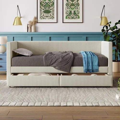 Vista 3 de Sofá cama de pana de tamaño individual con dos cajones, marco de sofá cama de madera maciza con soporte de listones de madera para dormitorio